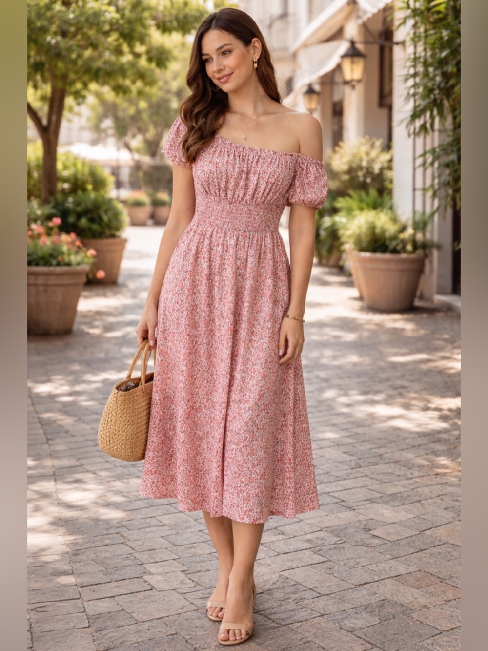 SHEIN Red Floral Midi Dress